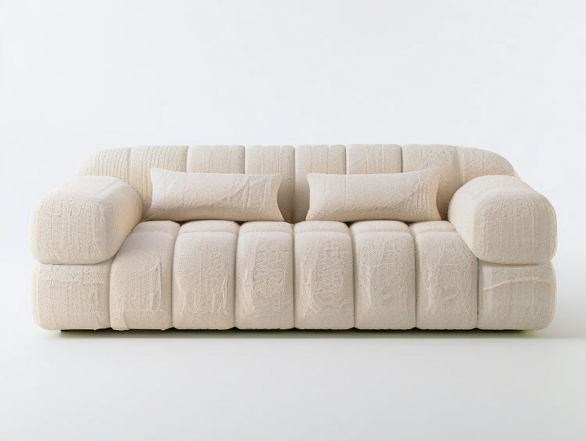Cream Curved 3-Seat Jacquard Upholstered Sofa with Throw Pillows, 90.6 x 39.4 x 31.5 in