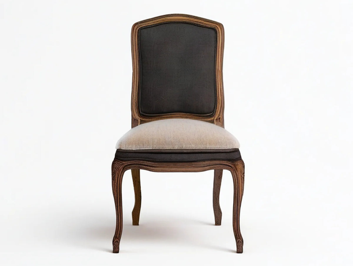 Upholstered Dining Chair, Dark Brown Rubberwood Frame with Black Faux Leather Back and Beige Fabric Seat, 19 x 23 x 39 in