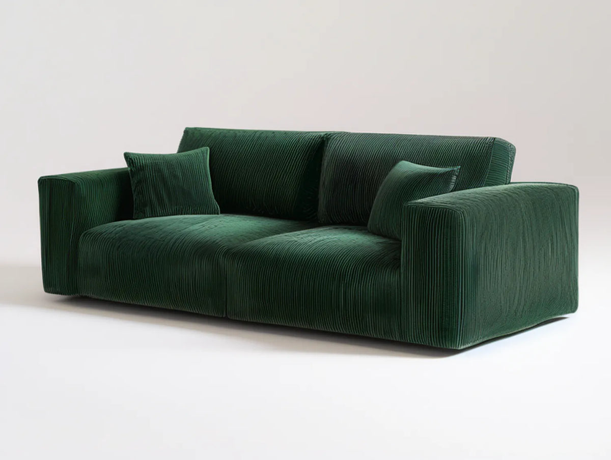 90 x 38 x 32 in Dark Green Corduroy Upholstered Sofa with Throw Pillows
