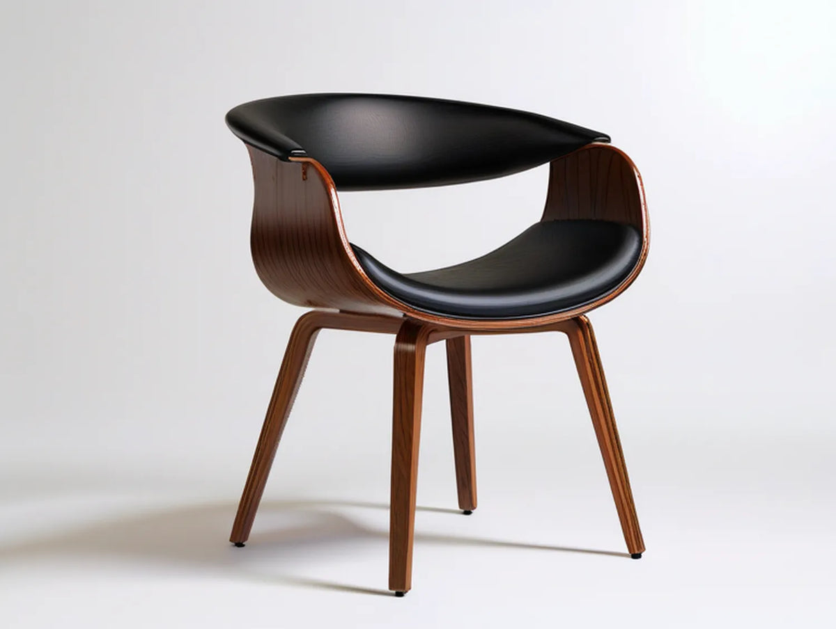 Curved Walnut Veneer Plywood Dining Chair with Black PU Upholstered Seat, 22 x 21 x 31.5 in