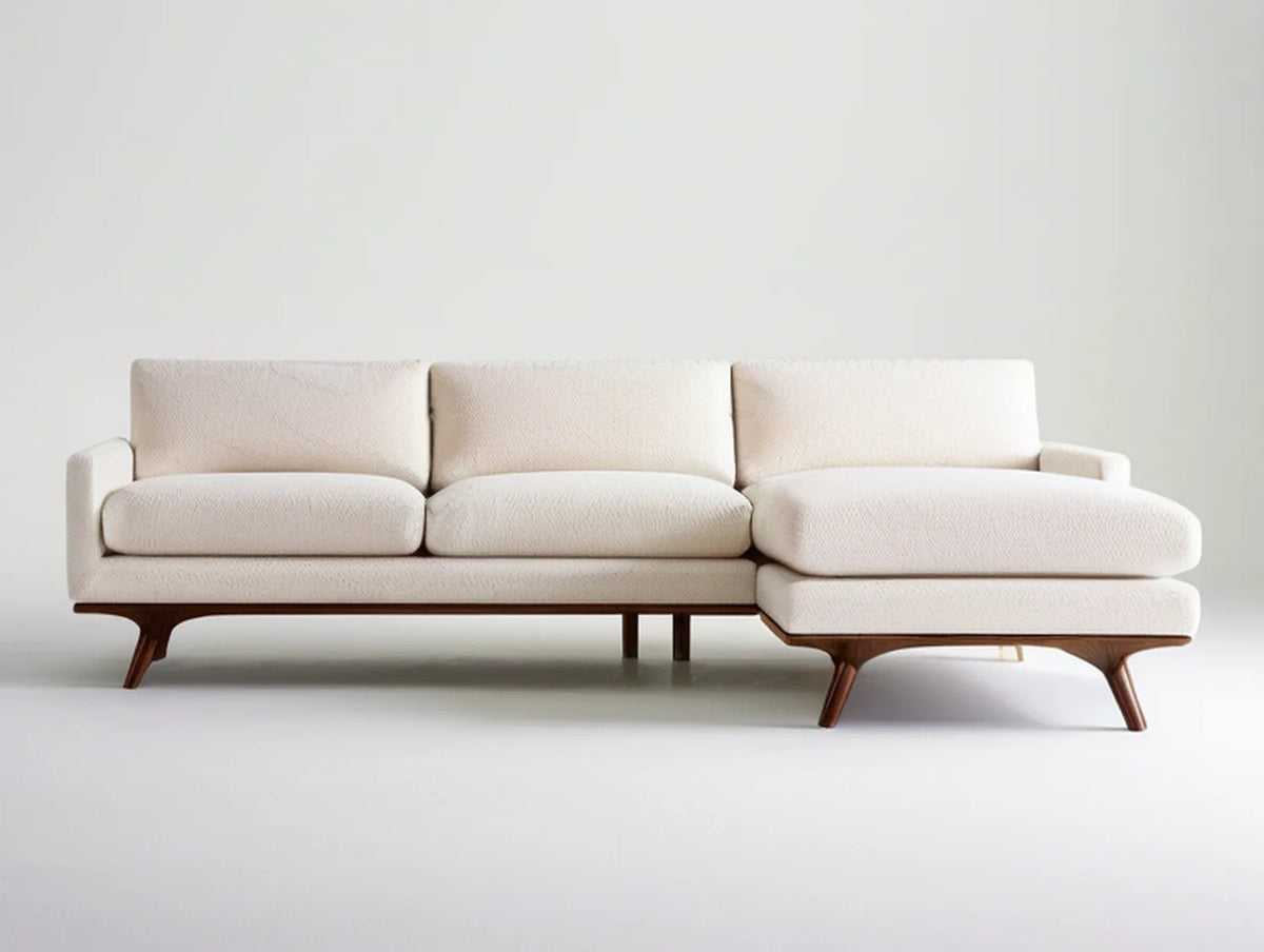 Right-Facing L-Shaped Sectional with Chaise, 108 in, Cream Bouclé Upholstery, Dark Brown Wood Legs