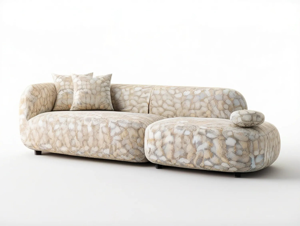 Curved 2-Piece Right-Facing Chaise Sectional with Pillows, Ivory Beige and Light Gray, 118 x 43 x 31 in
