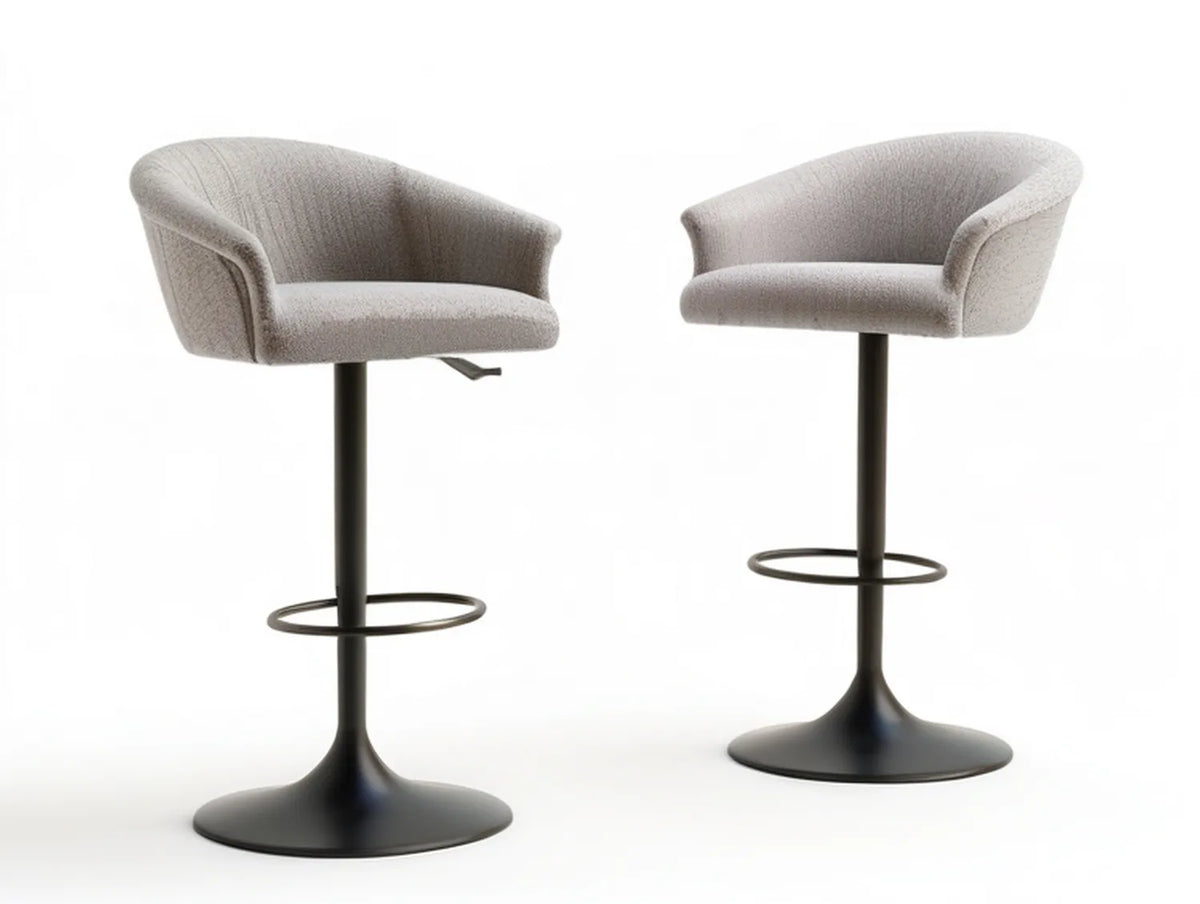 Set of 2 Adjustable Swivel Bar Stools, Gray Boucle Upholstery, Black Steel Base, 17.7 x 20.5 x 36.6-44.5 in