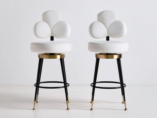 Set of 2 White Velvet Bar Stools with Black Steel Frame and Gold Accents, 20 x 21 x 42.5 in