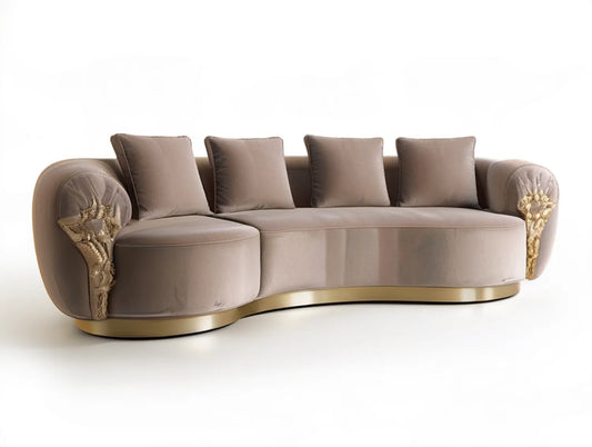 Curved 4-Seat Taupe Velvet Sofa with Gold Accents, 126.0 in W x 39.4 in D x 33.5 in H