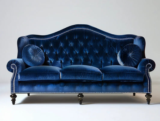 Navy Blue Tufted Curved-Back 3-Seat Sofa with Rolled Arms, 91 x 38 x 42 in