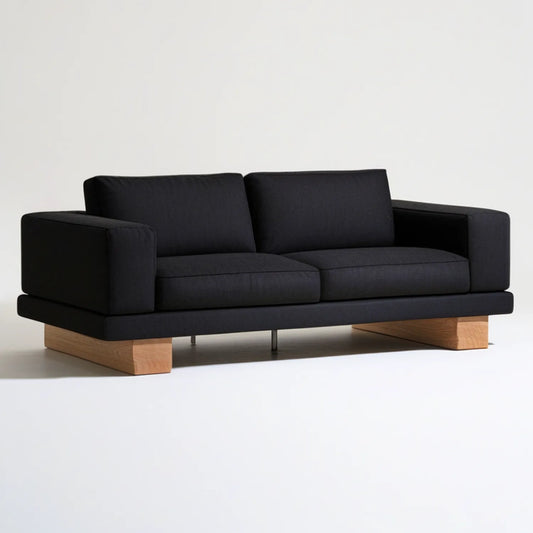 2-Seat Sofa, Black Polyester Upholstery with Natural Brown Rubberwood Legs, 180 x 89 x 84 cm