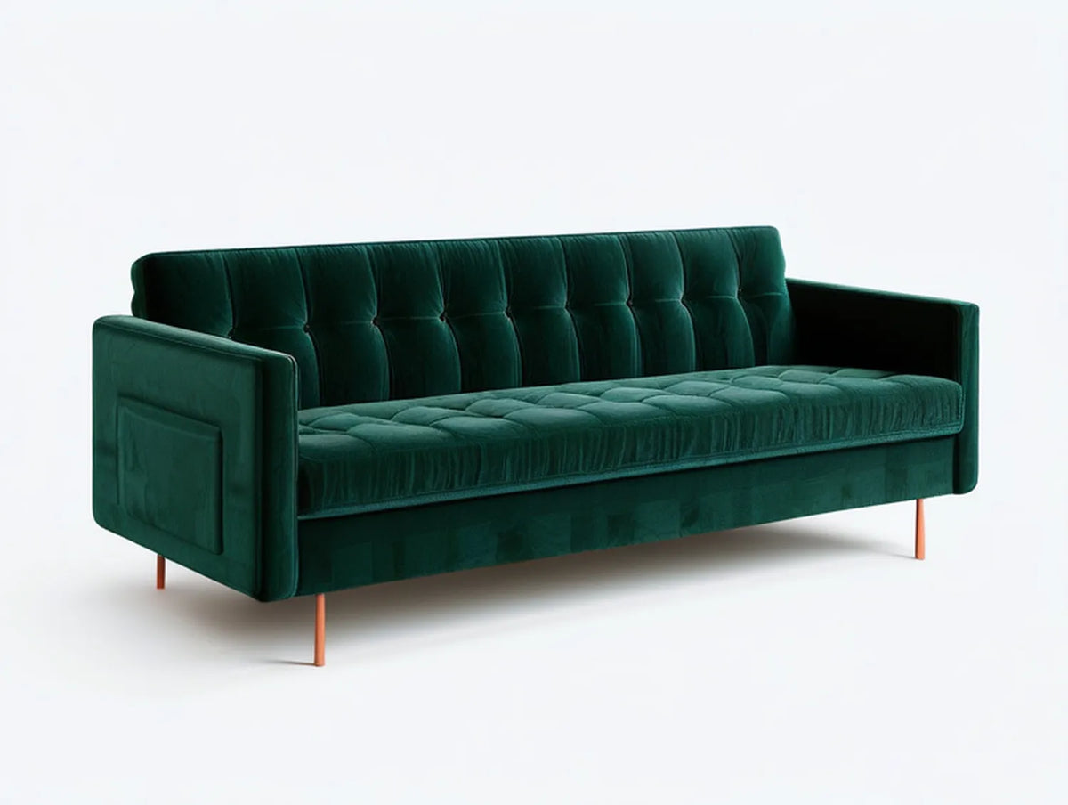 Emerald Green 3-Seat Tufted Velvet Sofa, 83 x 35 x 32 in, Copper Steel Legs