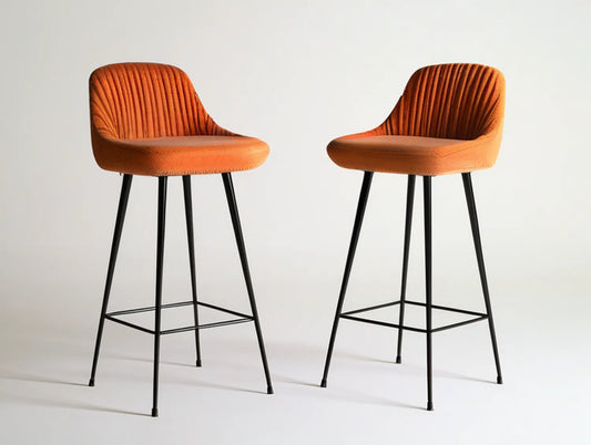 Set of 2 Orange Velvet Bar Stools with Channel-Tufted Backrests and Black Steel Legs, 18.1 x 20.5 x 41.3 in