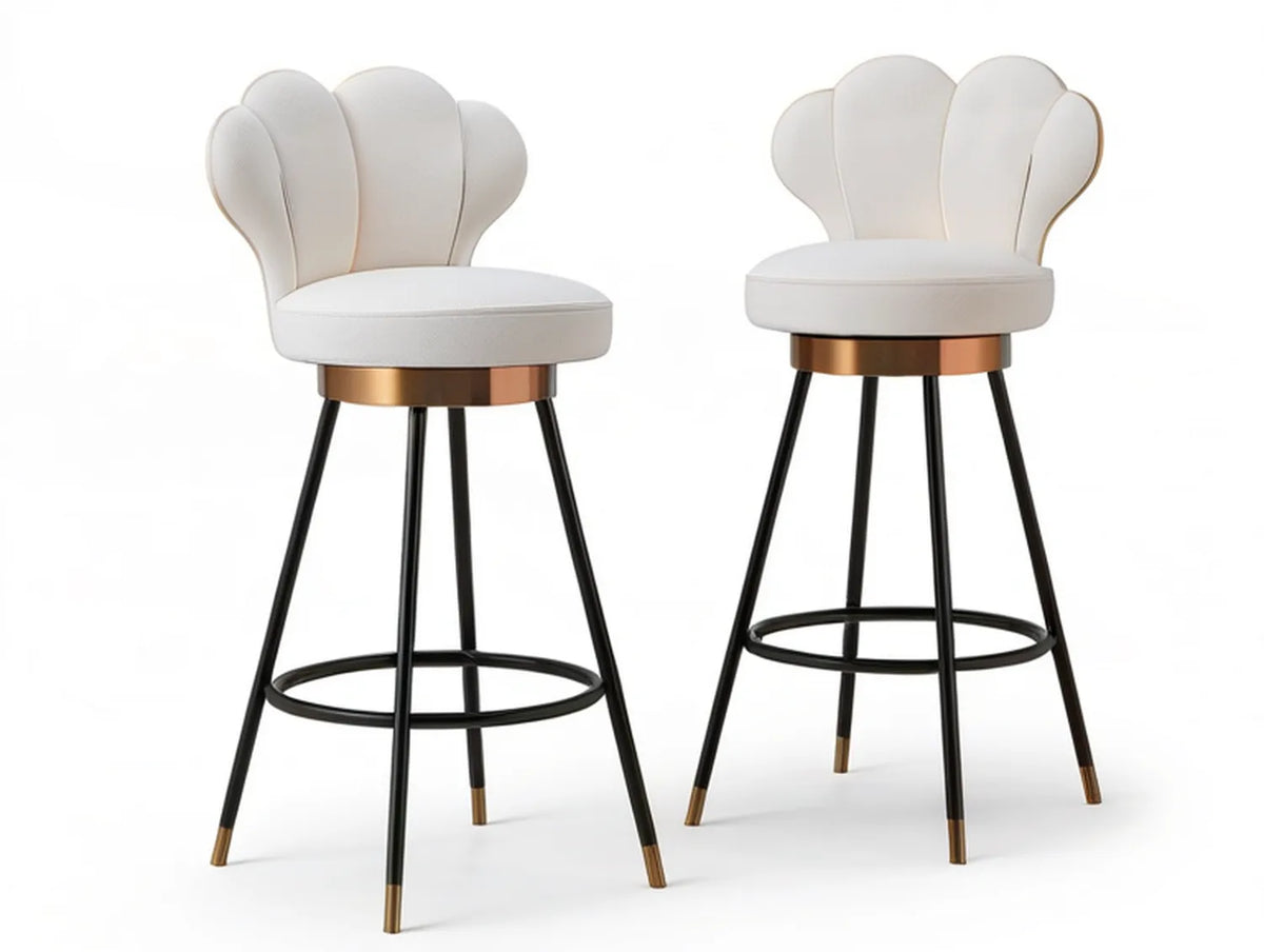 Set of 2 Ivory Boucle Upholstered Scalloped Back Bar Stools, 20.5 x 21 x 43.3 in, Black and Gold Steel Frame