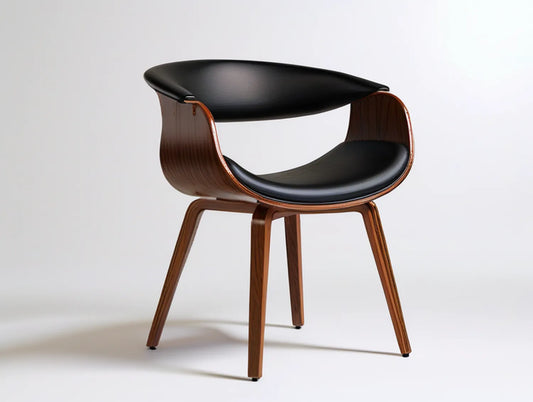 Curved Walnut Veneer Plywood Dining Chair with Black PU Upholstered Seat, 22 x 21 x 31.5 in