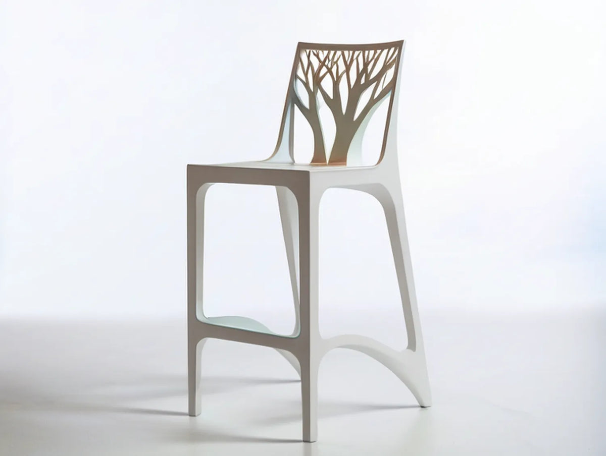 White Polypropylene Counter Stool with Tree Cutout Back, 18.1 x 21.3 x 43.3 in