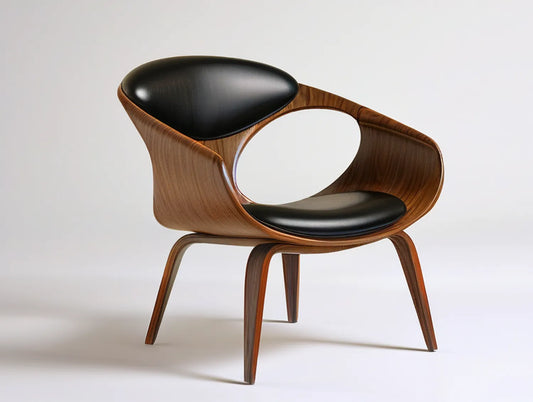Walnut Veneer Armchair with Black PU Leather Cushions, 68 x 58 x 80 cm